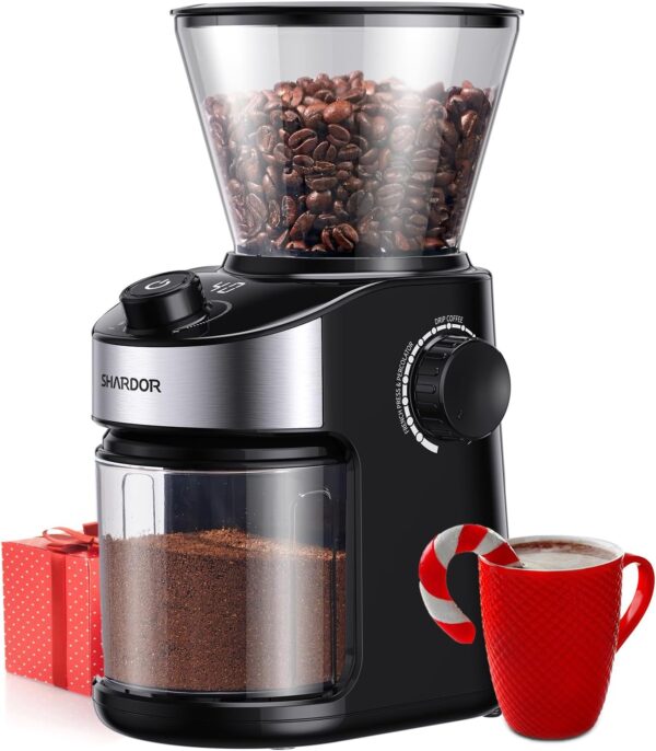 Râșniță electrică de cafea SHARDOR cu 25 de setări de măcinare, Râșniță de cafea cu afișaj digital precis, Râșniță cu disc pentru espresso, cafea picurată și presă franceză, 200 W, recipient boabe 200 g