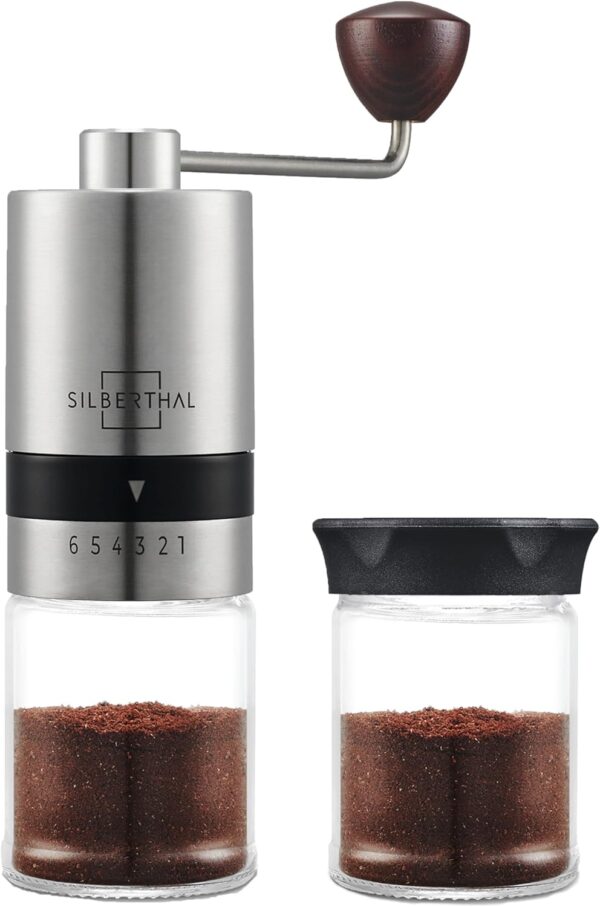 Râșniță manuală de cafea Silberthal, nivel de măcinare reglabil, râșniță manuală din oțel inoxidabil și sticlă