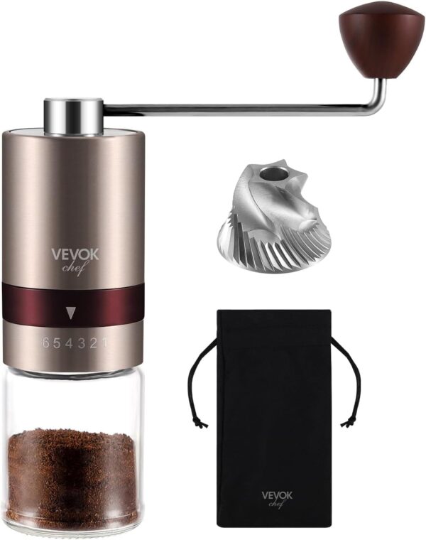 Râșniță de cafea manuală Vevok Chef cu 6 reglaje externe de grosime pentru espresso până la French Press, râșniță conică din oțel inoxidabil, ideală pentru acasă, birou sau călătorii, auriu roz