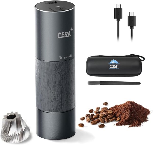 Râșnițe electrice conice CERA+ cu geantă de transport, râșniță electrică de cafea cu 90 de setări precise de măcinare, operare cu un singur buton, râșniță pentru espresso, cafea filtrată, presă franceză, mocha, include geantă