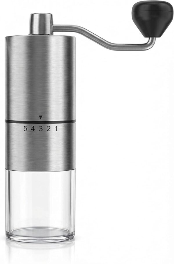 Arendo - Râșniță de cafea manuală din oțel inoxidabil - Râșniță ceramică - Nivel de măcinare reglabil pe 5 nivelurI Recipient transparent pentru cafea, espresso, mocha, cafea filtrată, presă franceză