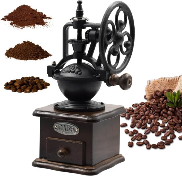 Râșniță de cafea manuală, stil vintage din lemn, moară cu role, râșniță de cafea cu manivelă (maro)