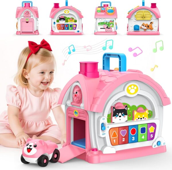 Jucării pentru fetițe de 1-2 ani: Jucărie Montessori pentru copii de 1 an, Căsuță de activități multifuncțională 6 în 1 cu muzică/lumini, Cadouri de ziua de naștere pentru fetițe de 1-2 ani