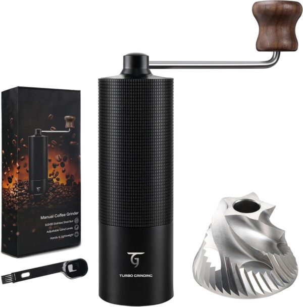 Râșniță manuală de cafea SUNYA cu carte de rețete de cafea - Râșniță manuală de cafea din oțel inoxidabil cu râșniță conică - Râșniță manuală de cafea reglabilă precisă cu mâner din lemn (MCG-02 Negru)